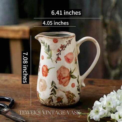 Ceramic Rustic Farmhouse Pitcher - Vase, Distressed Decorative Large Vase for Home Decor, Kitchen, Bedroom Office Living Room, Bathroom Coffee Table Centerpiece Decoration, Mantle & Shelf Decor in Kuwait