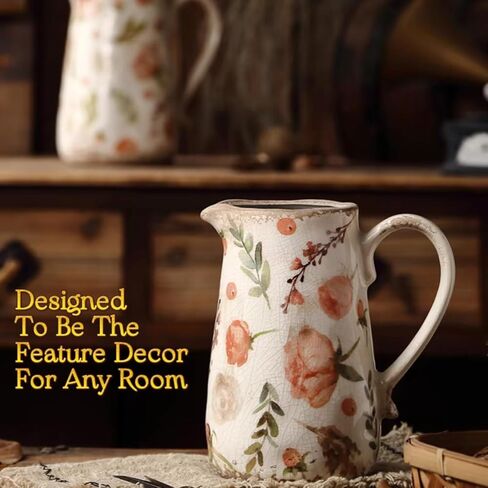 Ceramic Rustic Farmhouse Pitcher - Vase, Distressed Decorative Large Vase for Home Decor, Kitchen, Bedroom Office Living Room, Bathroom Coffee Table Centerpiece Decoration, Mantle & Shelf Decor in Kuwait