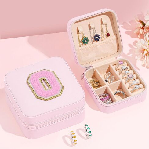 Parima Trendy Travel Jewelry Case - Lightweight and Compact Jewelry Organizer Box, Jewelry Box for Necklace, Earrings, Rings, Can Be Placed in Cosmetic Bag Tote Bag - Initial C, White on Pink in Saudi Arabia