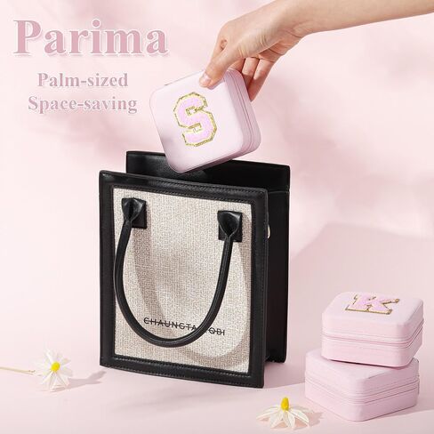 Parima Trendy Travel Jewelry Case - Lightweight and Compact Jewelry Organizer Box, Jewelry Box for Necklace, Earrings, Rings, Can Be Placed in Cosmetic Bag Tote Bag - Initial C, White on Pink in Saudi Arabia