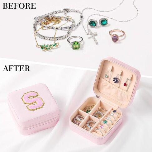 Parima Trendy Travel Jewelry Case - Lightweight and Compact Jewelry Organizer Box, Jewelry Box for Necklace, Earrings, Rings, Can Be Placed in Cosmetic Bag Tote Bag - Initial C, White on Pink in Saudi Arabia
