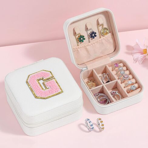 Parima Trendy Travel Jewelry Case - Lightweight and Compact Jewelry Organizer Box, Jewelry Box for Necklace, Earrings, Rings, Can Be Placed in Cosmetic Bag Tote Bag - Initial C, White on Pink in Saudi Arabia