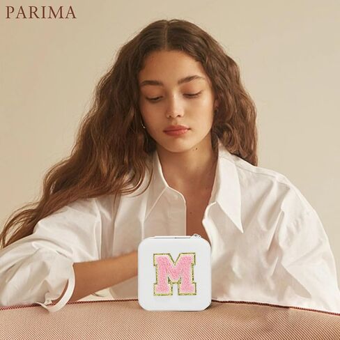 Parima Trendy Travel Jewelry Case - Lightweight and Compact Jewelry Organizer Box, Jewelry Box for Necklace, Earrings, Rings, Can Be Placed in Cosmetic Bag Tote Bag - Initial C, White on Pink in Saudi Arabia