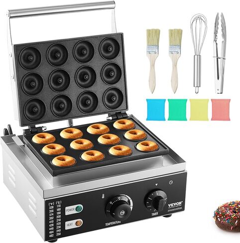 VEVOR Electric Donut Maker, 2000W Commercial Doughnut Machine with Non-stick Surface, 9 Holes Double-Sided Heating Waffle Machine Makes 9 Doughnuts, Temperature 122-572℉, for Restaurant and Home Use in Kuwait