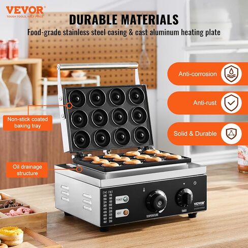 VEVOR Electric Donut Maker, 2000W Commercial Doughnut Machine with Non-stick Surface, 9 Holes Double-Sided Heating Waffle Machine Makes 9 Doughnuts, Temperature 122-572℉, for Restaurant and Home Use in Kuwait
