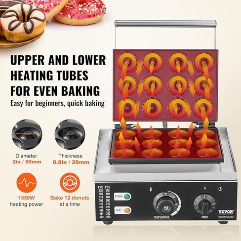 VEVOR Electric Donut Maker, 2000W Commercial Doughnut Machine with Non-stick Surface, 9 Holes Double-Sided Heating Waffle Machine Makes 9 Doughnuts, Temperature 122-572℉, for Restaurant and Home Use in Kuwait