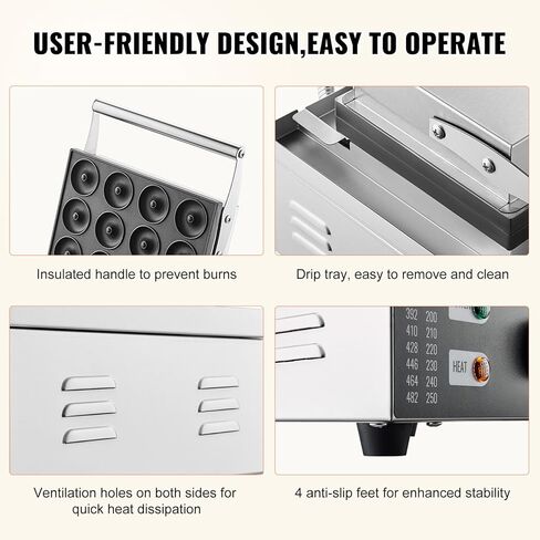 VEVOR Electric Donut Maker, 2000W Commercial Doughnut Machine with Non-stick Surface, 9 Holes Double-Sided Heating Waffle Machine Makes 9 Doughnuts, Temperature 122-572℉, for Restaurant and Home Use in Kuwait