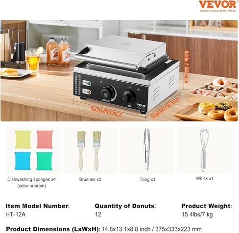 VEVOR Electric Donut Maker, 2000W Commercial Doughnut Machine with Non-stick Surface, 9 Holes Double-Sided Heating Waffle Machine Makes 9 Doughnuts, Temperature 122-572℉, for Restaurant and Home Use in Kuwait