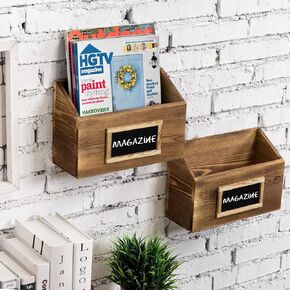 MyGift Shabby White Washed Wood Hanging Magazine Holder Rack, Wall Mounted Wooden Mail Sorter and Paper File Organizer Bin with Chalkboard Label, Set of 2