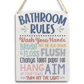 FHUGX Kids Bathroom Hanging Wood Signs,Bathroom Rules Hanging Signs,Toddler Boy Girl Bathroom Decor,Bathroom Decor For Kids,Colorful Bathroom Decor, Bathroom Wall Door Decor,7.9×10.2 Inches