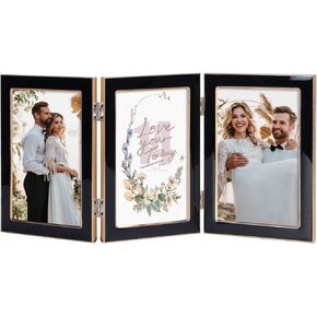 Lavezee 3 Picture Frames 4x6 and 5x7, Black Folding Photo Frame Hinged for Two 4 x 6 and One 5 x 7 inch Pictures with Mat for Tabletop and Wall