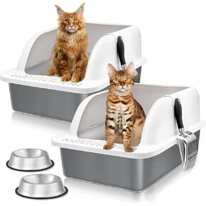 Stainless Steel Litter Box with Lid, 24'' x 16'' x 12'' Extra Large Cat Litter Box, XL Large Metal Litter Box for Big Cats with High Sided, Odor Control, with Metal Litter Scoop(Black Coated)