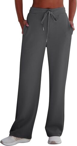 بنطلون رياضي واسع الساق من GRAPENT سروال نسائي فضفاض عالي الخصر سحب على الصالة العصرية برباط رياضي بنطلون رياضي in Kuwait