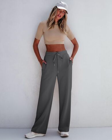 بنطلون رياضي واسع الساق من GRAPENT سروال نسائي فضفاض عالي الخصر سحب على الصالة العصرية برباط رياضي بنطلون رياضي in Kuwait