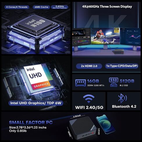 كمبيوتر ألعاب صغير P1، AMD Ryzen 7 5700U (8C/16T، حتى 4.3 جيجاهرتز)، كمبيوتر صغير DDR4 32 جيجابايت رام 1 تيرابايت NVMe SSD، Micro PC يدعم لعبة PS3 من RPCS3 4K@60 هرتز شاشة ثلاثية/BT5.2/WiFi 6E/2.5 جي لان in Kuwait