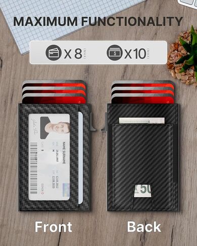 Mens Wallet Card Holder: Smart Pop-Up Aluminum Case, Genuine Leather, RFID Blocking, Slim & Minimalist Design for Front Pocket Use, Holds 8-10 Cards, with ID Window & Cash Pocket (Carbon Fiber) in Saudi Arabia