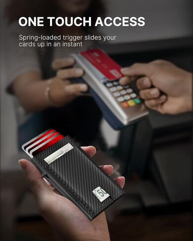 Mens Wallet Card Holder: Smart Pop-Up Aluminum Case, Genuine Leather, RFID Blocking, Slim & Minimalist Design for Front Pocket Use, Holds 8-10 Cards, with ID Window & Cash Pocket (Carbon Fiber) in Saudi Arabia