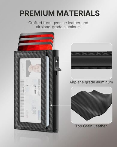 Mens Wallet Card Holder: Smart Pop-Up Aluminum Case, Genuine Leather, RFID Blocking, Slim & Minimalist Design for Front Pocket Use, Holds 8-10 Cards, with ID Window & Cash Pocket (Carbon Fiber) in Saudi Arabia