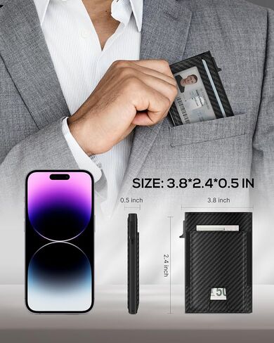 Mens Wallet Card Holder: Smart Pop-Up Aluminum Case, Genuine Leather, RFID Blocking, Slim & Minimalist Design for Front Pocket Use, Holds 8-10 Cards, with ID Window & Cash Pocket (Carbon Fiber) in Saudi Arabia