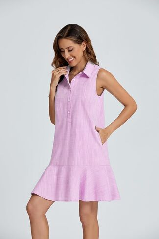 Women‘s Sleeveless Shirt Dress Ruffle Hem Cotton Tunic Tank Dress Button Up Swing Shift Mini Dresses in Saudi Arabia