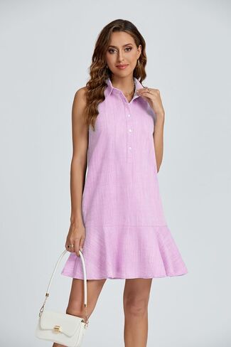 Women‘s Sleeveless Shirt Dress Ruffle Hem Cotton Tunic Tank Dress Button Up Swing Shift Mini Dresses in Saudi Arabia