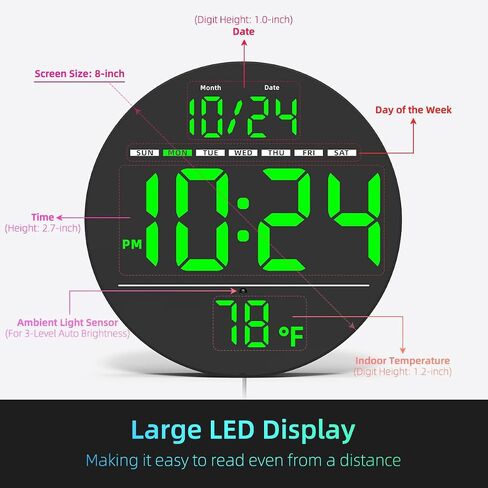 Digital Wall Clock with Large LED Display, Auto-Brightness, Temperature, Low-Reflectivity, Small Silent Non-Ticking Modern Electric Wall Clock for Bedroom, Living Room, Office, Classroom, Farmhouse in Saudi Arabia