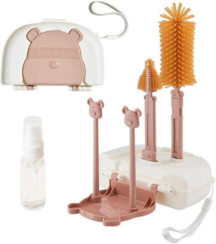 مجموعة فرش تنظيف الزجاجات 6 في 1 من EMTSEB مع فرشاة زجاجات السيليكون، وفرشاة القش، وفرشاة الحلمة، وموزع الصابون، وصندوق تخزين، ورف تجفيف لزجاجة الأطفال (أصفر) in Kuwait