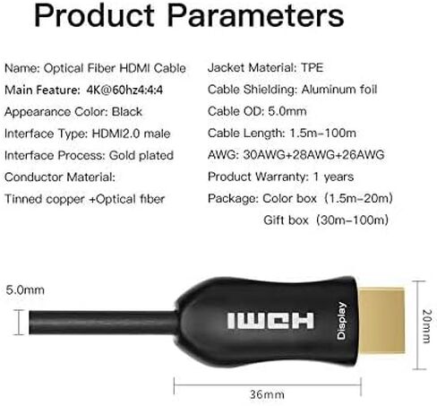 كابل الألياف الضوئية HDMI 500 قدم (150 متر) - ARC HDMI2.0 18Gpbs 4k@60 4:4:4 - سلك مجدول PET وموصل مطلي بالذهب يدعم 4K، UHD 2160p، HD 1080p، 3D، Xbox 360، PS4، الكمبيوتر in Saudi Arabia