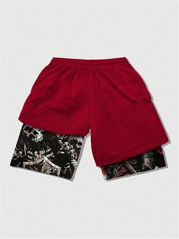 WDIRARA Men's 2 in 1 Shorts Graphic Letter Print Drawstring Workout Running Gym Shorts with Pockets in Saudi Arabia