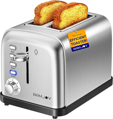RAMJOY Toaster 2 Slice, Extra Wide Slot Toaster for Bagels, Bread, Waffles, 7 Shade Settings, 4 Main Functions, Removable Crumb Tray, 900 Watts Toasters, Brushed Stainless Steel in Saudi Arabia