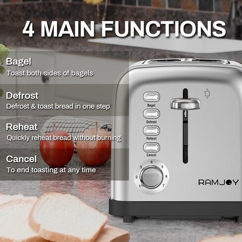 RAMJOY Toaster 2 Slice, Extra Wide Slot Toaster for Bagels, Bread, Waffles, 7 Shade Settings, 4 Main Functions, Removable Crumb Tray, 900 Watts Toasters, Brushed Stainless Steel in Saudi Arabia