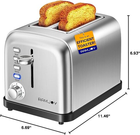 RAMJOY Toaster 2 Slice, Extra Wide Slot Toaster for Bagels, Bread, Waffles, 7 Shade Settings, 4 Main Functions, Removable Crumb Tray, 900 Watts Toasters, Brushed Stainless Steel in Saudi Arabia