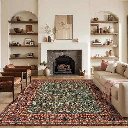 Lahome 8 x 10 Area Rugs for Living Room - Oriental Washable Non-Slip Large Rug Ultra-Thin Stain Resistant Dining Room Rugs for Under Table, Floral Vintage Print Carpet Rugs for Bedroom (Red, 8'x10') in Kuwait