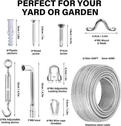 3/16 Wire Rope Kit,150ft Vinyl Coated Galvanise Steel Cable 1/8 Thru 3/16 inch,Turnbuckles for Cables Wire 3/16, Wire Rope Clamp for Clothes line Kit,Outdoor Lights Hanging Kit,Garden Wire in Saudi Arabia