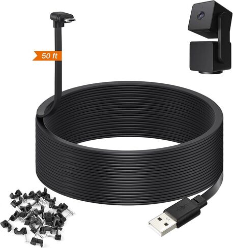 كابل تمديد طاقة بطول 50 قدمًا متوافق مع كاميرا الأمان Wyze Cam Pan v3 - سلك شحن USB مسطح بطول 15 مترًا إلى Micro USB على شكل حرف L 90 درجة، أبيض in Kuwait
