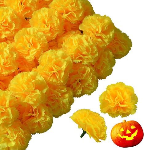 Carnation Flower,Carnation Flowers Artificial, 50PCS Silk Carnations Fake Flower Heads with Stem for Home Wedding Decorations DIY Wreath Garland Crafts Wedding Party (Yellow) in Kuwait