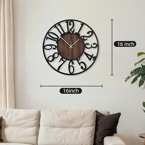 Maxstar Round Wall Clock for Living Room Decor Battery Operated Non Ticking Silent Vintage Black Metal Wood Clocks for Home Living Room Garden Farmhouse Office Kitchen Decoration -13 inch in Saudi Arabia