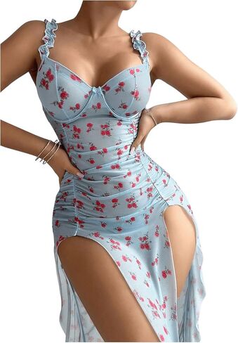 SOLY HUX Women's Lingerie Slip Dress with Thongs Set Floral Babydoll Sexy Mesh Maxi Nightdress Sleepwear in Saudi Arabia
