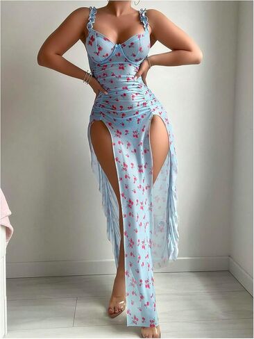 SOLY HUX Women's Lingerie Slip Dress with Thongs Set Floral Babydoll Sexy Mesh Maxi Nightdress Sleepwear in Saudi Arabia