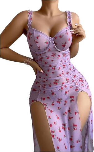 SOLY HUX Women's Lingerie Slip Dress with Thongs Set Floral Babydoll Sexy Mesh Maxi Nightdress Sleepwear in Saudi Arabia