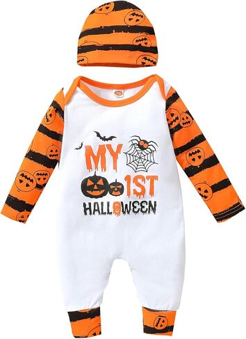 Thorn Tree Infant Newborn Baby Girl Boy Long Sleeve Romper Unisex Baby Halloween Outfits 2Pcs Hat+Jumpsuit Clothes Set (My first halloween set 1, 0-3 Months) in Saudi Arabia