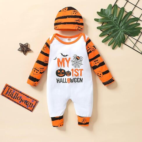 Thorn Tree Infant Newborn Baby Girl Boy Long Sleeve Romper Unisex Baby Halloween Outfits 2Pcs Hat+Jumpsuit Clothes Set (My first halloween set 1, 0-3 Months) in Saudi Arabia