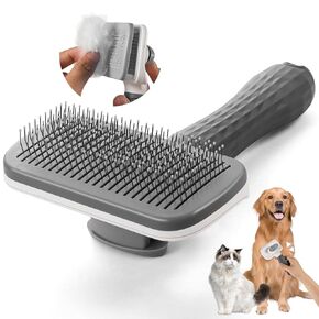 Pet brush，cat brush with release button，dog brush， for grooming Remove loose hair and prevent tangling,fine needle（Blue）