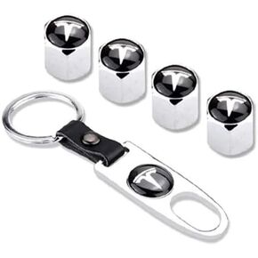 Universal Car Wheel Tire Stem Air Cap Cover, Valves Anti-Theft Aluminum Alloy Guard with Wrench Keychain Compatible with Tesla Model X S 3 Y (Tesla Logo Design, Black - 4 Pieces)