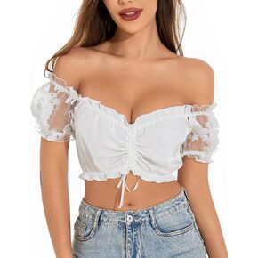 Women German Dirndl Blouse Bavarian Oktoberfest Costume Beer Festival Short Sleeve White Dirndl Shirts Crop Tops