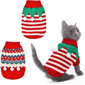 2PCS Puppy Christmas Sweater Cat Turtleneck Knitwear Xmas Elf Outfits Dog Warm Clothes Sweater for Kitties Puppies M