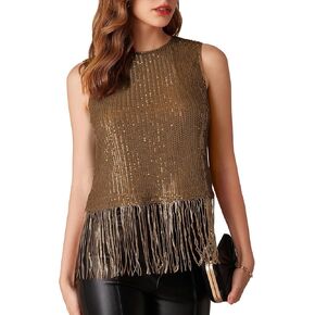 GRACE KARIN Sparkly Fringe Tops for Women Sleeveless Crewneck Tassel Sequin Tank Top Glitter Crop Party Shirt Cami Outfit