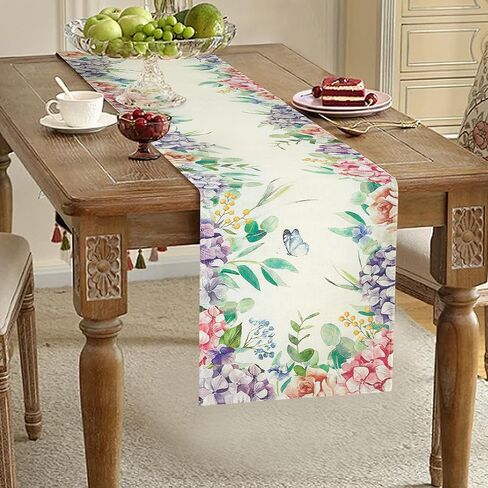 Hydrangea Floral Table Runner, Butterfly Kitchen Dining Table Decor, Seasonal Spring Summer Holiday Decoration for Home Party Decor (13x72 Inch) in Saudi Arabia