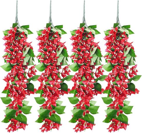 RECUTMS Artificial Fake Hanging Plants Flowers for Outdoor 4pcs Faux Silk Red Bougainvillea Long Vines Stems Realistic UV Resistant for Home Porch Patio Balcony Garden Yard Outside (rose red) in Saudi Arabia