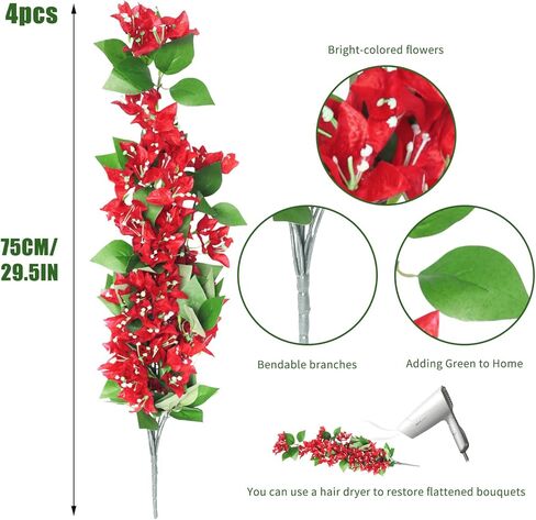 RECUTMS Artificial Fake Hanging Plants Flowers for Outdoor 4pcs Faux Silk Red Bougainvillea Long Vines Stems Realistic UV Resistant for Home Porch Patio Balcony Garden Yard Outside (rose red) in Saudi Arabia